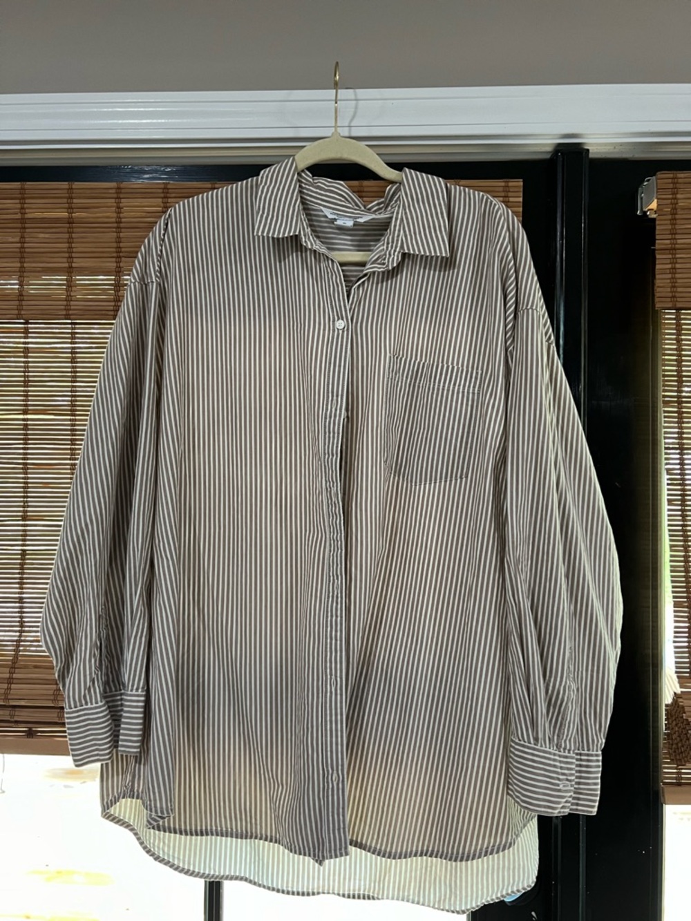 Relaxed Fit WomensStriped Button-Up Shirt - Taupe/White